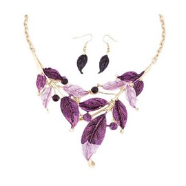 ZaH Boho Jewelry Set Pentant Necklace and Earrings for Women Vintage Gift Wedding Party Purple Leaf
