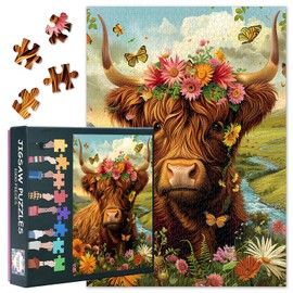 Jigsaw Puzzles for Adults 1000 Highland Cow - Hard Impossible Difficult Challenging Family Puzzle Grassland, Educational Puzzle Games Home Decoration Flowers 27.5x19.7 Inch