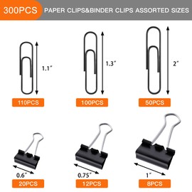 NEEWAY 300pcs Paper Clips Binder Clips, Paper Clips Assorted Sizes, Binder Clips Assorted Sizes, Black Paper Clip, Black Binder Clip