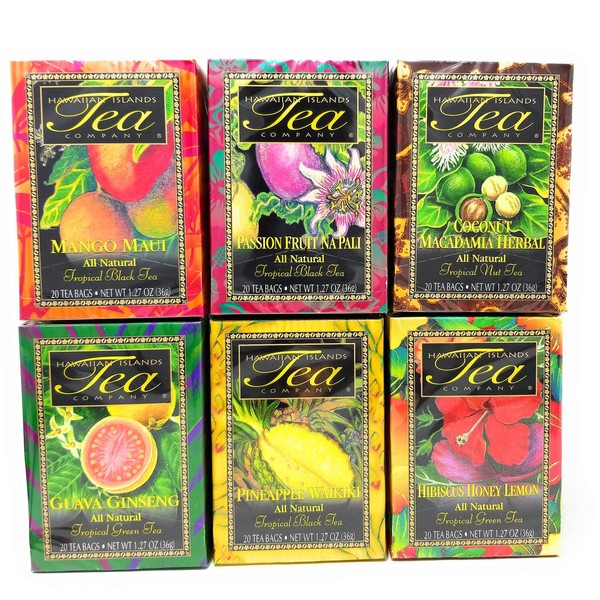 Surtido de té tropical, 6 sabores naturales, 120 bolsas de té mezcladas y empaquetadas en Hawaii (paquete de 6)