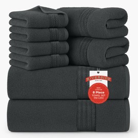 RIVERSIDE 8 Piece Towel Set, 2 Extra Large Bath, 2 Hand Towels, 4 Washcloths, 550 GSM 100% Cotton, Soft, Quick Dry, Highly Absorbent Towels for Bathroom, Spa, Gym, Grey
