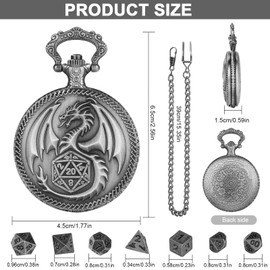 Mini DND Dice Set with Pocket Watch Case with Dragon Engraving, 7-Piece Polyhedral Metal D&D Dice Set (Dark Silver)