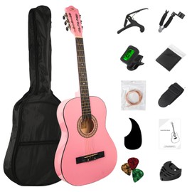 BESYOU 38in Beginner Acoustic Guitar Basic Starter Kit Tuner Bag Capo Strings Winders Strap Picks Student/Kids Guitar Pickguard with Gig Bag Pink