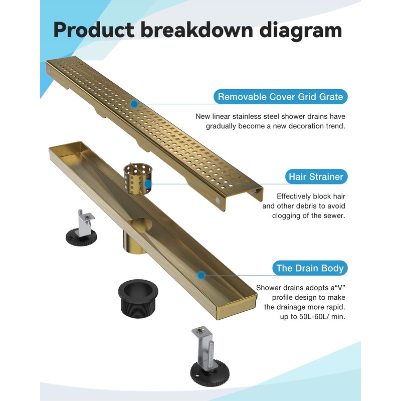 HTOH Linear Shower Drain, 24 Inch Gold Shower Drain with