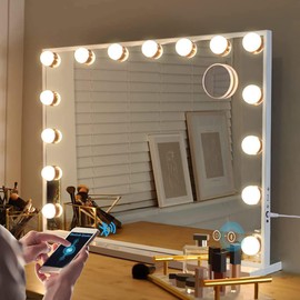 Fenair Vanity Mirror with Lights 22.8"x 18.1" Makeup Mirror with Lights and 15 Dimmable Bulbs,3 Colors Modes,Hollywood Mirror with USB Charging Port and 10X Detachable Magnification Mirror（Black）