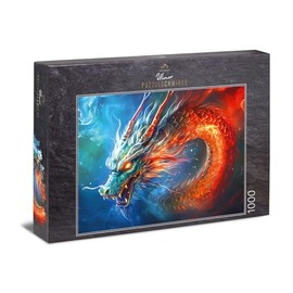 Ulmer Puzzleschmiede - 1000 Piece Puzzle "Dragon Fire" - The Dragon with the Red of Fire in Contrast to the Dark Blue of the Night - Puzzle Quality Made in Germany