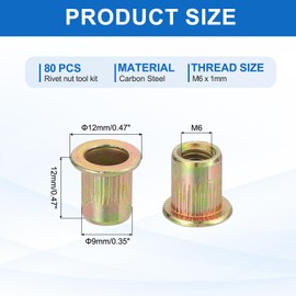 sourcing map 80Pcs M6 x 12mm Rivet Nut Carbon Steel Rivet Nut Tool Hardware Nuts Color Zinc-Plate Threaded Insert Nut Suitable for Furniture, Industrial