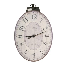 Benjara Distressed Oval Shape Wooden Wall Clock with Ring Hanger, White and Black