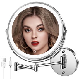 MNIENT Wall Mounted Lighted Makeup Mirror, 8" Rechargeable Double-Sided Light up Magnifying Mirror 1x/10x, 3 Colors Led Vanity Mirror with Lights, Touch Dimmable 360° Rotation Foldable