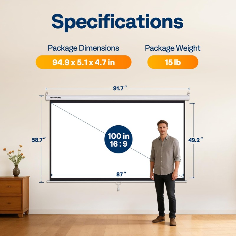 VIVOHOME 100 Inch 16:9 Pull Down Projector Screen, HD 4K