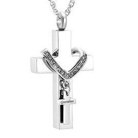 MEMORIALU Cross Grandma Urn Necklaces for Ashes Cremation Crucifix Keepsake Women Stainless Steel Memorial Pendant Necklace