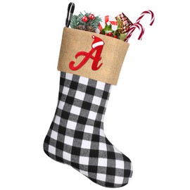 20 Inches Large Monogram Christmas Stockings Embroidered Initial Christmas Stocking Black White Buffalo Plaid Burlap Christmas Stocking for Christmas Xmas Tree Fireplace Decorations, Letter A