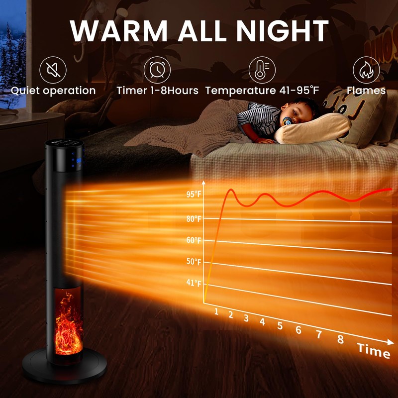 Portable 1500W Space Heater with Fireplace,70° Oscillating PTC Ceramic Tower