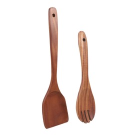 SHOWERORO 1 Set Wooden Salad Servers Spatula Fork Mixing Spoon Utensils for Cooking Serving Rustic Kitchen Tools with