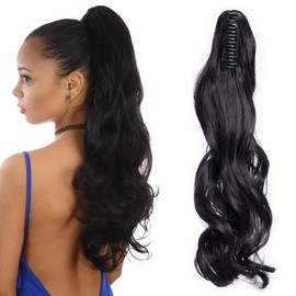 18 Inch Hairpieces Ponytail Hair Clip On Extensions Long Curly Wavy Heat-Resisting - Natural Black(45cm-140g)