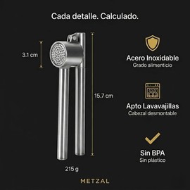 Triturador de Ajo METZAL Acero Inoxidable Grado Alimenticio Sin BPA - Prensa de Ajos con Dedal Desmontable, Funciona Sin Pelar, Apta Lavavajillas, Picador y Exprimidor de Ajos Manual