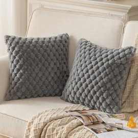 Mandioo Pack of 2 Grey Super Soft Plush Decorative Cushion Covers 18x18 inch 45x45 cm Wool Velvet Throw Pillow Covers cases Faux Fur fluffy Couch Sofa Bed Livingroom