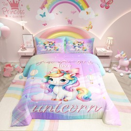 Erosebridal Girls Unicorn Bedding Set Full Size, Rainbow Purple Unicorn Comforter Set for Kids Girls Bedroom Decor, Cute Pink Bows Bowknot Bed Set, Reversible Stars Comforter 3-Piece Ultra Soft