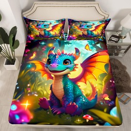 Cartoon Dragon Kids Fitted Sheet Full Size Polka Dot Mushroom Bedding Set Girls Boys Adults Room Decor Cute Western Dragon Bed Cover Fantasy Jungle Butterfly Bed Sheet,2 Pillowcases