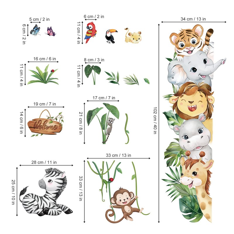 decalmile Wall Sticker Jungle Animals Elephant Lion Monkey Safari Wall