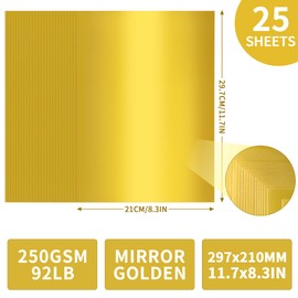 25 Sheets Golden Mirror Cardstock Paper - 250gsm/92Ib Metallic Reflective Paper for Crafts, A4 Foil Cardstock for DIY Projects Birthday Party Decoration PAP20GD25