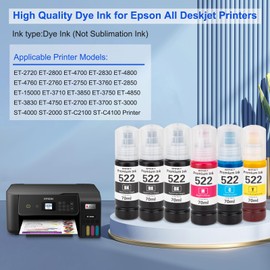 Compatible Epson T522 522 Ink Refill Bottles for Ecotank ET-2803 ET-2720 ET4800 ET-2800 ET-2760 ET-4760 ET-2750 ET-3760 ET-2850 ET-15000 ET-4700 ST-4000 ST-2000 ET-3710 Printer(3BK C M Y)
