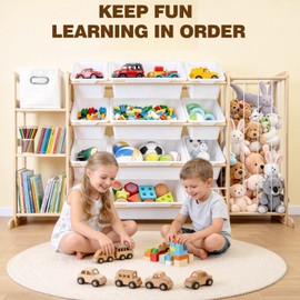 MICZG Kids Toy Storage Organizer with Bookshelf & Stuffed Animal Storage,12 Toy Bins +1 Free Storage Box,Playroom Nursery Organization Plush Toy Storage