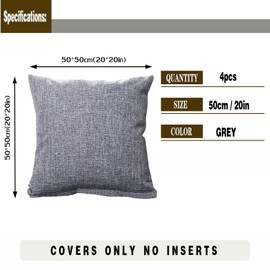 GONOVE Cushion Covers 50×50cm Solid Soft Cotton Linen Throw Pillow Cover Set of 4 Decorative Plain Pillowcase Square Cushion Cover for Home Sofa Bed Chair Décor, Grey