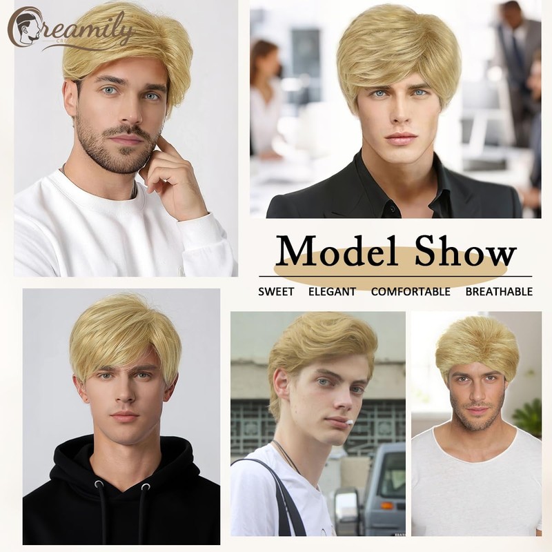 Creamily Short Blonde Wig for Men Curly Layered Natural Style