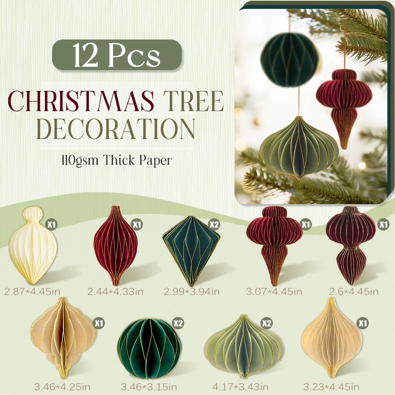 12Pcs Christmas Paper Honeycomb Ornaments for Tree, 3D Glitter Edge