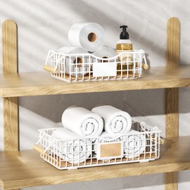 Qcold Bathroom Organizer Basket, 2 Pack Bathroom Organizers and Storage - Bathroom Counter Organizer with Handle - Wire Shelf Basket - Bathroom Counter Top Tray for Organizing, Farmhouse Decor - White