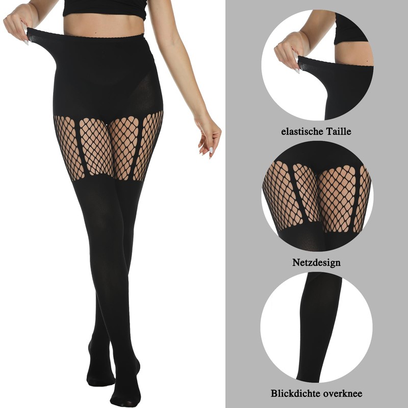 MANZI Fishnet Tights Women's Black Opaque Overknee Stockings Fishnet Tights