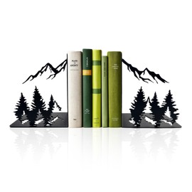 Matte Black Iron Heavy Duty Bookends - Laser-Engraved Mountain Design, Decorative Shelf Stoppers for Books, Space-Saving Desk Organizer (Modern, Rustic, Vintage Style)
