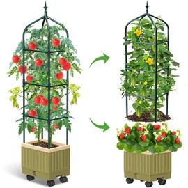 Raised Garden Bed Planter Box with Trellis, 71" Self-Watering Tomato Planter with Wheels for Climbing Vegetable and Plants, Tomato Cage Planters for Indoor Outdoor Patio Greenhouse Gardening (1Pack)