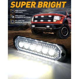 HLauto 406T Emergency Strobe Grille Lights: 4Pcs 6 LED Sync Feature Safety Warning Flashing Light, 12V-24V Ultra Slim Surface Mount Hazard Caution Light for Truck, Vehicle, Car, ATV, UTV (White)