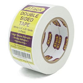 ATack Double Sided Tape White, Removable, 3/4" x 20 Yards (3-Pack) Double Sided Fabric Tape for Clothes, Curtain Hems, Canvass, Carpets and Rugs, Skin Clothing Tape and Woodworking Tape