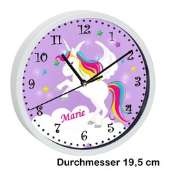 CreaDesign, WU-00-1034-05 Unicorn Purple Wall Clock for Children's Room, Customisable with Name, White Frame, Diameter 19.5 cm