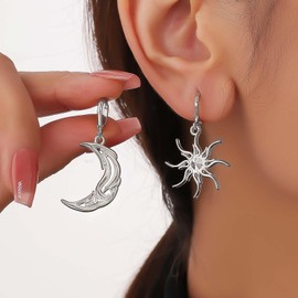 Xduargs Boho Sun Moon Earrings Silver Celestial Sun Drop Earrings Vintage Crescent Moon Dangle Earrings Asymmetrical Moon Star Hoop Earrings Jewelry for Women