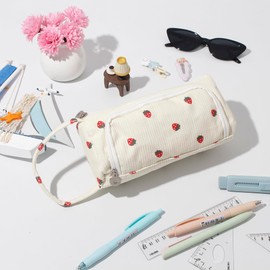 OZAOZ Large Pencil Case Pouch School Supplies Aesthetic Stationery Pen Bag for Girls Kids (D Beige strawberry)