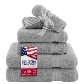 American Veteran Towel, 6 Piece Towel Set for Bathroom, 100% Cotton Turkish Bathroom Towels, 2 Bath Towels 2 Hand Towels 2 Washcloths, Cool Grey