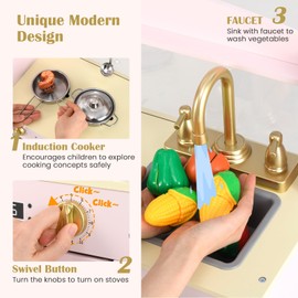 INFANS Kids Kitchen Playset, Toddler Wooden Pretend Cooking Toy Set with Acrylic Drawing Board Ice Machine Dishwasher Cloth Drawer Stove Removable Sink Simulation Play Kitchen for Boys Girls (Pink)