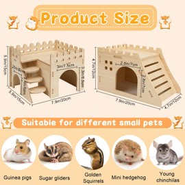 PETKNOWS 2 Pack Hamster Houses and Hideouts, Easy to Assemble Wooden Hamster Castle Small Animal House Bed with Stairs