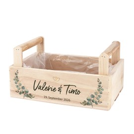 Herz & Heim® Hochzeit Präsentkorb aus Holz personalisiert mit Namen & Datum – Geschenkkorb & Geschenkbox für Hochzeitsgeschenke oder Geldgeschenk für Brautpaar – 3 Varianten (2 Griffe (26×13×16 cm))