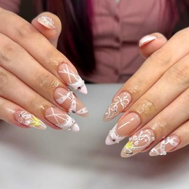 24Pcs Pink French Tip Press on Nails Medium Almond Fake Nails with Heart Pearl Bow Designs Nude False Nails Glossy Full Cover Acrylic Nails Cute Stick on Nails for Women Girls DIY Manicure Decorations