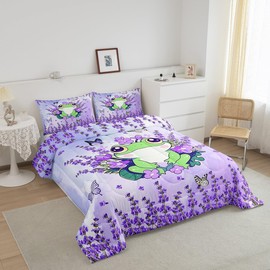 Manfei Cute Frog Kids Comforter Set Twin Size,Lavender Flowers Butterfly Romantic Bedding Set,Girls Boys Women Room Decor,Cartoon Animals Kawaii Down Comforter,Purple Dreamy Duvet Insert,1 Pillowcase