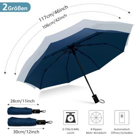 HEXSOLID Windproof Umbrella Automatic Umbrella Large with 8 Ribs 106 cm / 117 cm Travel Windproof Umbrella Waterproof Umbrella Foldable Compact Pocket Umbrella for Men and Women, navy blue