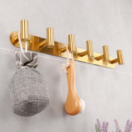 Vanloory Coat Hook Rack, Wall Mounted Coat Rack with 6 Hooks, Heavy Duty Towel Hooks Rack Wall Hooks for Hanging Clothes Jacket Purse, Stainless Steel Coat Hanger for Bathroom Entryway Mudroom(Gold)