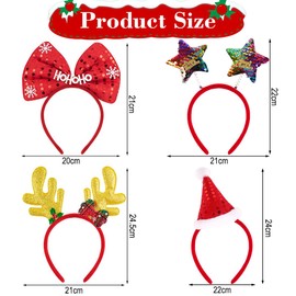 Bluelves 4 Pieces Glitter Christmas Headband, Novelty Xmas Christmas Party Headdress Set, Christmas Hat Reindeer Antlers Snowman Bows, Sequins Stars Headband Party for Children Adults