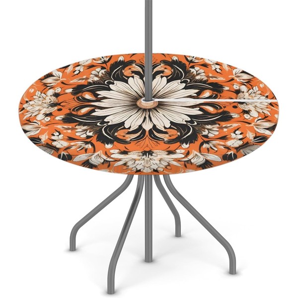 KNEMI Outdoor Round Tablecloth with Umbrella Hole, Mandala Patio Table