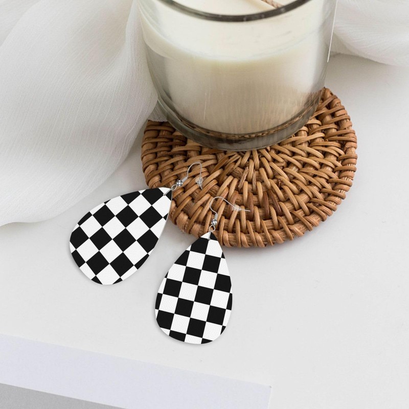 Checkerboard Chess Board Flag Faux Leather Teardrop Earrings for Women
